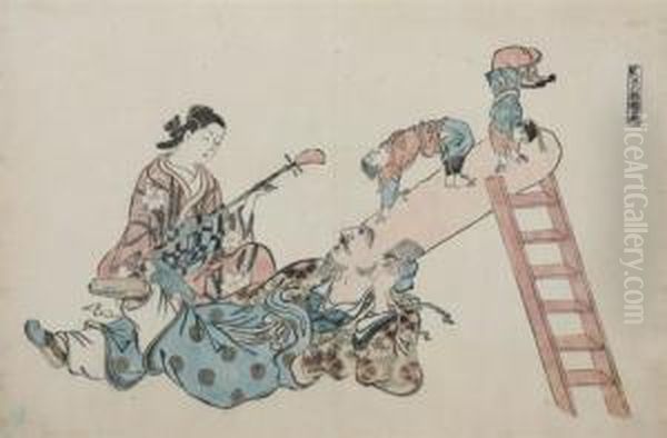 Jurojin And Musician Oil Painting by Okumura Masanobu