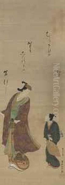 Actor And Assistant With Haiku Poem Oil Painting by Okumura Masanobu