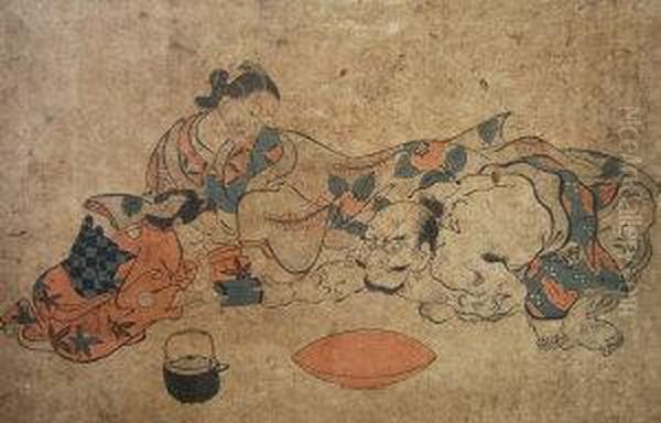 Figures Playing A Game Oil Painting by Okumura Masanobu