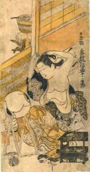 Courtisane Assise Devant Un Miroir Faisant Sa Toilette, Son Kimono Ouvert Laissant Decouvrir Sa Poitrine. Oil Painting by Okumura Masanobu