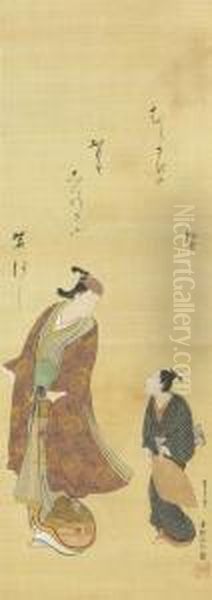 Actor And Assistant Oil Painting by Okumura Masanobu