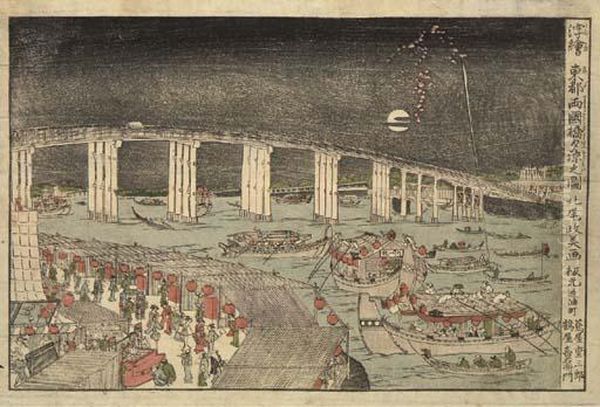 Uki-e Edo Ryogokubashi Yusuzumi No Zu (perspective View Of The Evening Cool At Ryogoku Bridge In The Eastern Capital) Oil Painting by Kitao Masayoshi