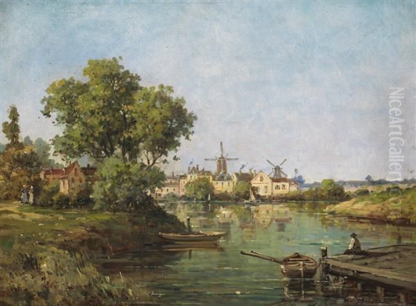 Pecheur Au Bord D'un Etang Oil Painting by Gustave Mascart