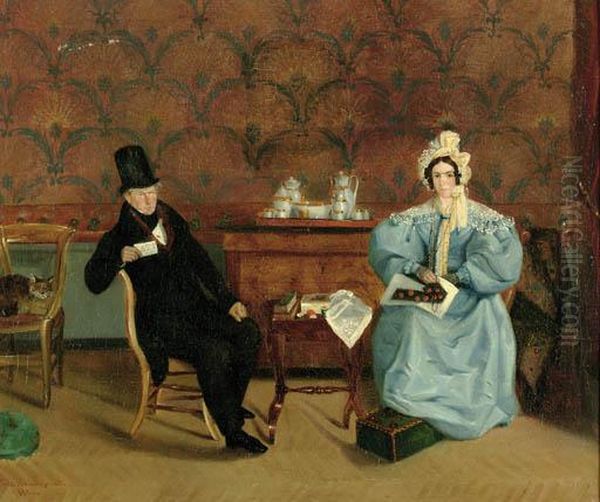 An Elegant Couple In An Interior Oil Painting by Emile Mascre