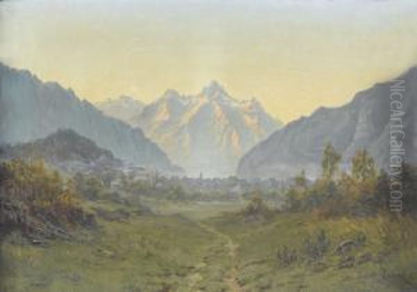 Gebirgstal Mit Ortschaft Bei Sonnenaufgang Oil Painting by Oscar Louis Mascre