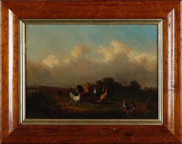 Cockerels, Hens And Chicks In A Field Oil Painting by H Mase