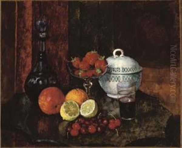 Still Life With Strawberries, Cherries And A Blue Decanter Oil Painting by Ilya Ivanovich Mashkov