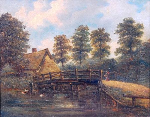 East Anglian Landscape With Figure, Bridge And Thatched Cottage Oil Painting by Christopher Mark Maskell