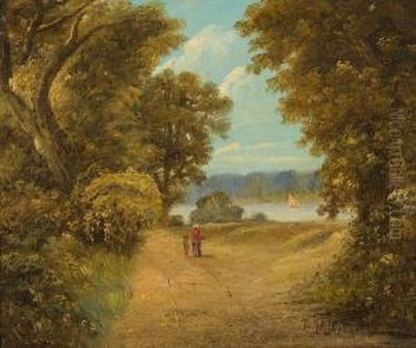 Figures On A River Path Oil Painting by Christopher Mark Maskell