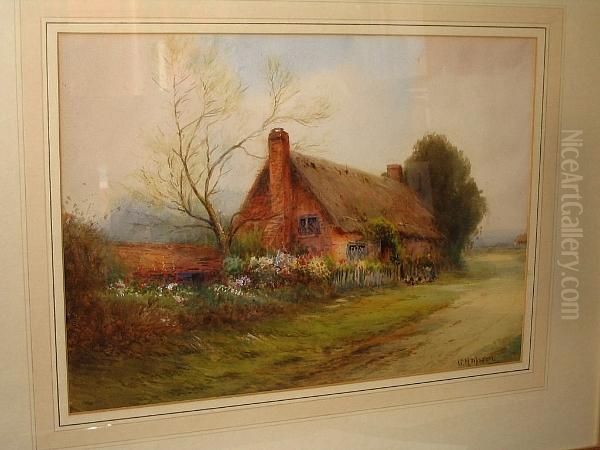 Rural Scenes, A Pair, Views Of Thatched Cottages Oil Painting by George Hemming Mason