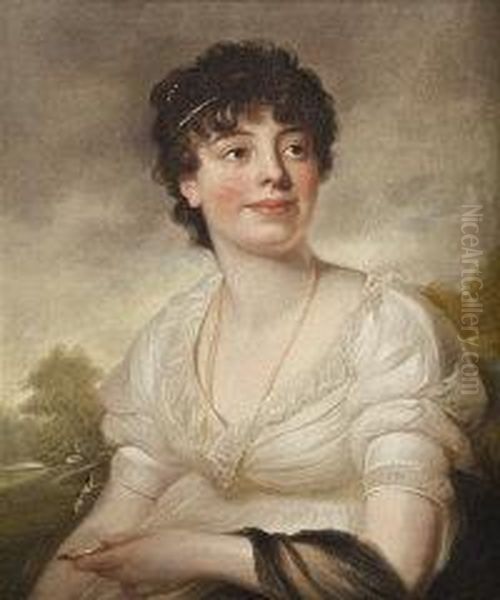 Portrait Of A Young Woman In Neo-classical Dress In Alandscape Oil Painting by John James Masquerier