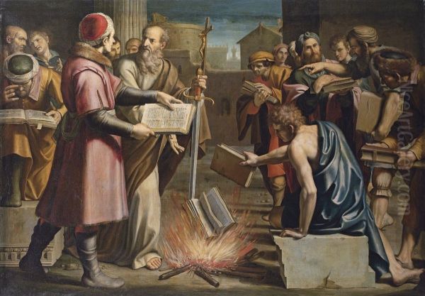 Saint Paul And The Burning Of Pagan Books At Ephesus Oil Painting by Lucio Massari