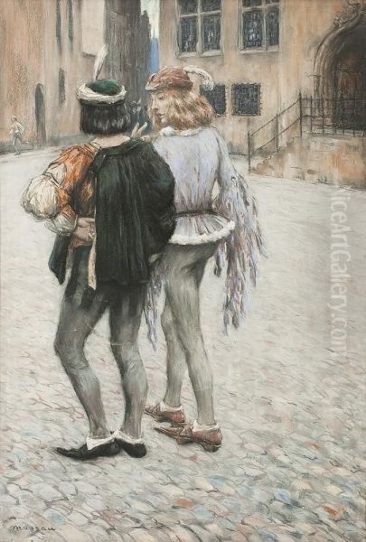 Mittelalterlichesstrasenbild - Zwei Edelleute Im Gesprach Oil Painting by Edmond Massau