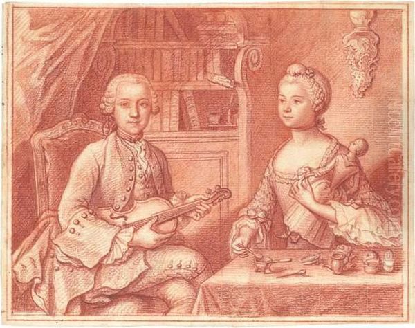 Lot Comprenant : Un Portrait De Femme Dessinant, Un Portrait
 De Femme Au Nid, Un Portrait D'homme A La Cornemuse Et Un Dessin
 Comprenant Un Violoniste Et Une Jeune Fille A La Poupee. Oil Painting by Jean Baptiste Masse