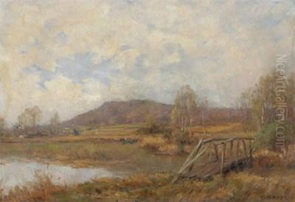 Autumnal River Landscape With A Wooden Bridge Oil Painting by Jean Eugene Masse