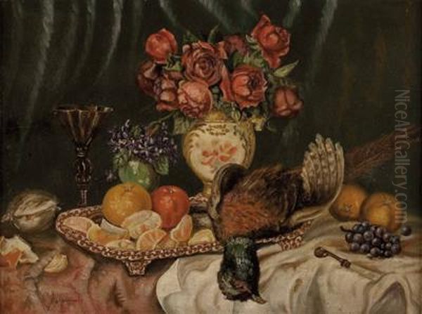 Stillleben Mit
 Blumen, Fruchten Und Fasan Oil Painting by Carl Massmann