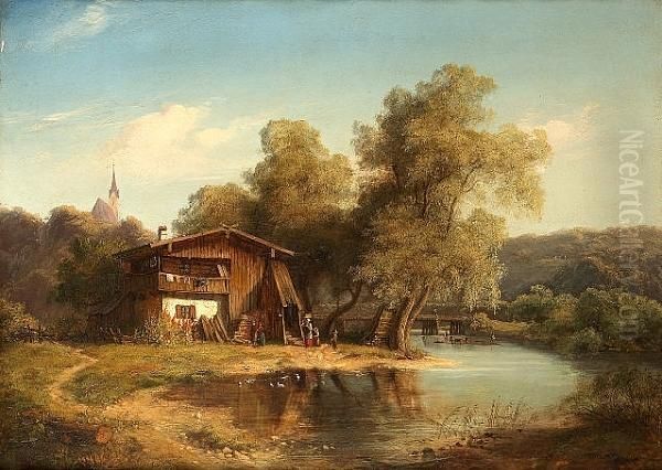 A Rhineland Landscape With Figures By A Chalet Oil Painting by Siegfried Massmann