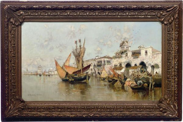 A Busy Day On The Venetian Lagoon Oil Painting by Egisto Massoni