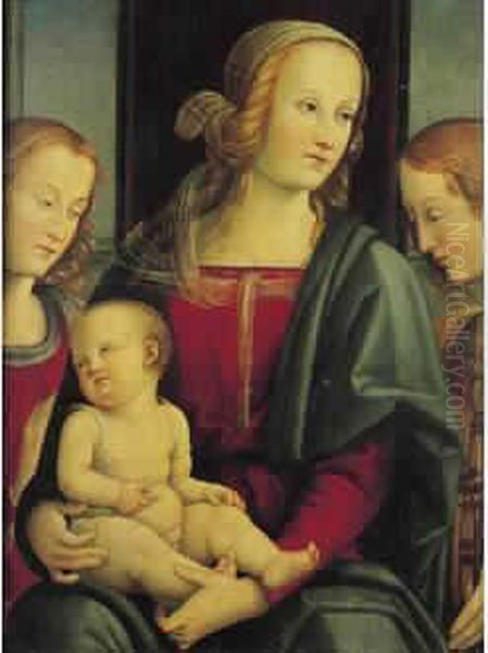 La Vierge Et L'enfant Entre Deux Anges Panneau. Oil Painting by Master Of Ponterosso