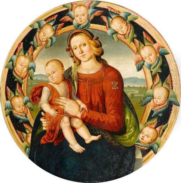 Madonna And Child In A Ring Of Cherubs. Oil Painting by Master Of Santo Spirito