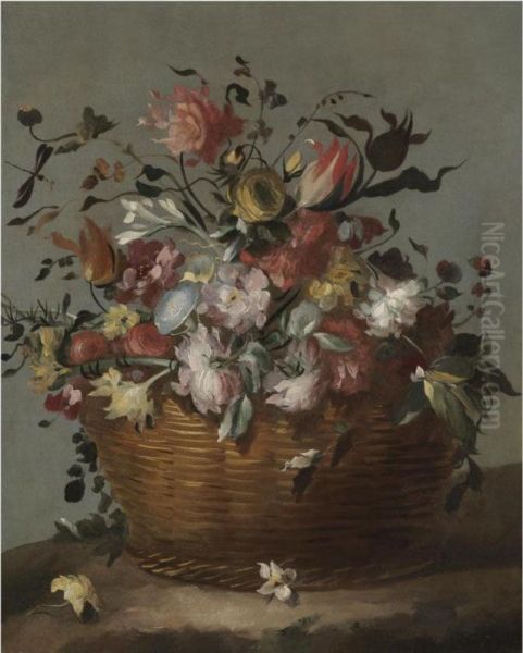 A Still Life With Tulips, Carnations, Iris And Other Flowers In Asculpted Vase, Together With Pigeons And A Pomegranate Oil Painting by Master Of The Acquavella Still Life