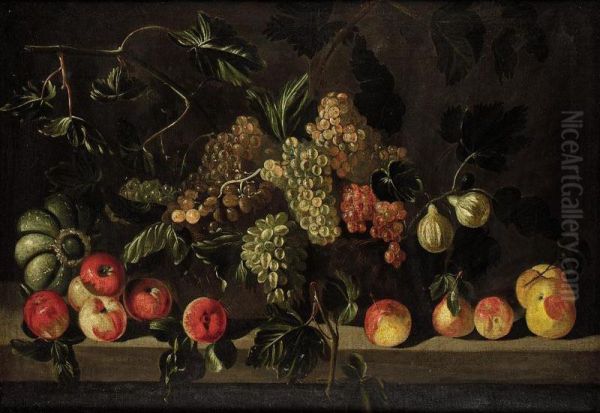 A Still Life Of Bunches Of Grapes And Figs In A Basket, Together With A Pumpkin, Apples, And Pears On A Stone Ledge Oil Painting by Master Of The Acquavella Still Life