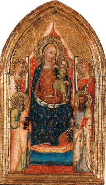 The Madonna And Child Enthroned With Saint Bartholomew, Anotherapostle, A Male Martyr And A Female Saint Oil Painting by Master Of The Bargello