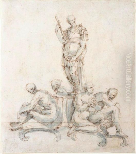 Design For A Table Centrepiece, With A Standing Soldier And Four Seated Moorish Slaves Oil Painting by Master Of The Blue Wash