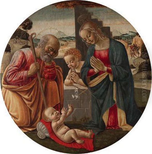 The Nativity With The Infant Saint John The Baptist, Theannunciation Of The Shepherds And The Train Of The Magibeyond Oil Painting by Master Of The Borghese Tondo