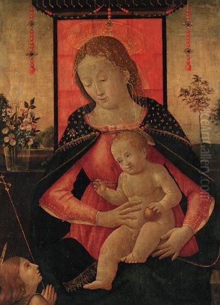 The Madonna And Child Enthroned With A Kneeling Angel Oil Painting by Master Of The Borghese Tondo