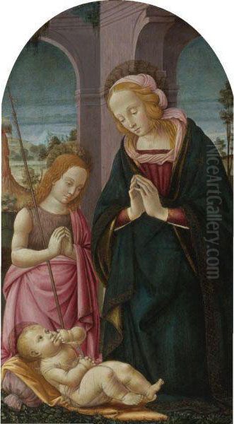 Madonna And The Young St. John The Baptist Adoring The Christchild Oil Painting by Master Of The Fiesole Epiphany