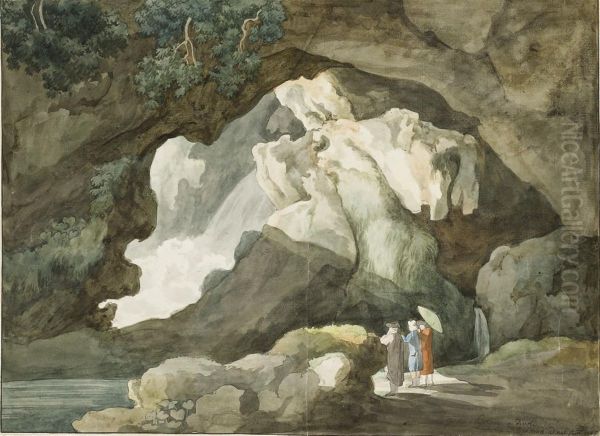 Trois Personnages Devant La Grotte De Neptune A Tivoli Oil Painting by Master Of The Grotesque Vases