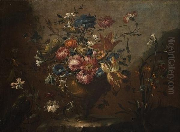 Rose, Tulipani Ealtri Fiori In Un Vaso; E Garofani, Tulipani E Altri Fiori In Uncesto Di Vimini Oil Painting by Master Of The Guardeschi Flowers