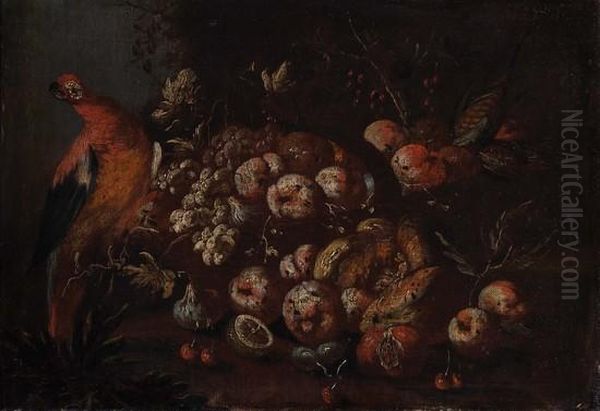 Pesche, Uve Bianche, Fichi In Un Cesto Di Vimini, Una Zucca, Melograni, Ciliegie E Altri Frutti Con Un Pappagallo En Plein Air Oil Painting by Master Of The Guardeschi Flowers