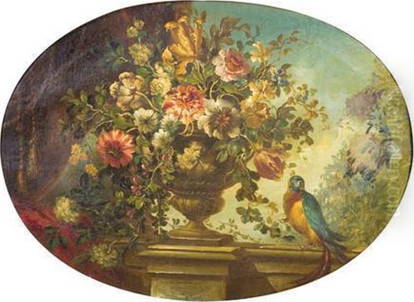 Fall Still Life With Parrot On A Ledge Oil Painting by Master Of The Guardeschi Flowers