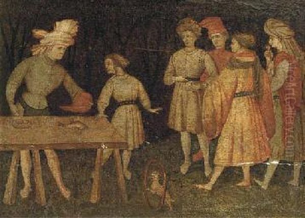 Five Men Standing In A Wooded Landscape, With One Standing At Atable Handing A Boy A Cap: A Panel From A Cassone Oil Painting by Master Of The Hercules Cassone