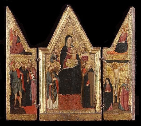 A Triptych: The Central Panel With The Madonna And Child With Saint Nicholas Of Bari, Saint Peter, A Monk Saint, Saint Anthony Abbot, Saint Andrew (?), And Saint John The Evangelist (?) In Attendance; The Wings With The Annunciation And The Crucifixion W Oil Painting by Master Of The Lazzaroni Madonna