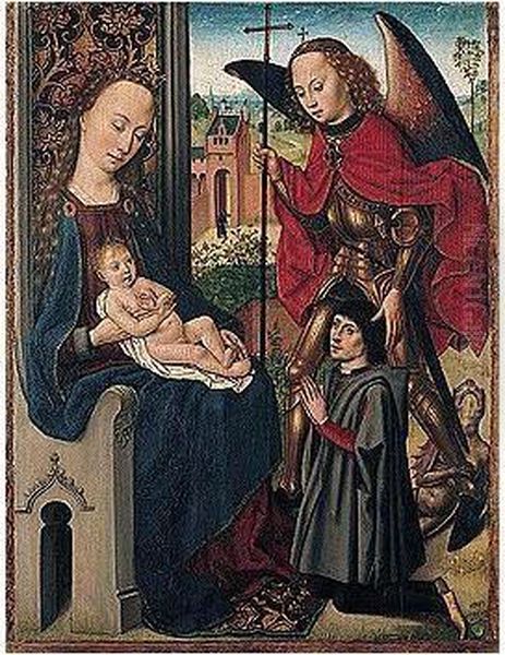 The Virgin And Child Enthroned In A Hortus Conclusus, Adored By A Donor Introduced By Saint Michael Oil Painting by Master Of The Legend Of Saint Ursula