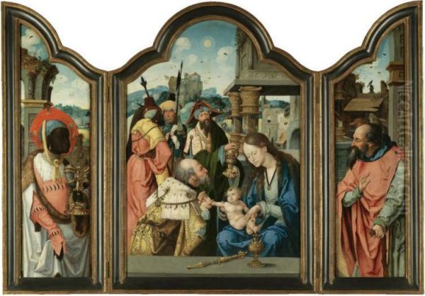 A Triptych: Central Panel: The Adoration Of The Magi Left Inside Wing: One Of The Magi, Balthasar Right Inside Wing: Saint Joseph Oil Painting by Master Of The Lille Adoration