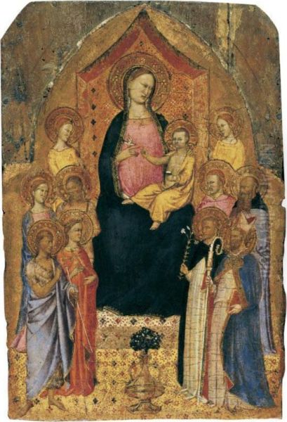 The Madonna And Child Enthroned With Saints John The Baptist, Onophrius, Anthony Of Padua, A Bishop Saint by Master Of The Misericordia