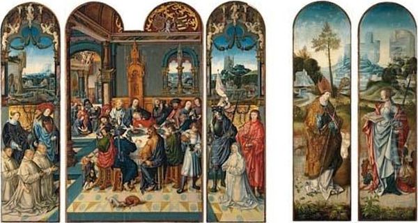 The Last Supper; Right Wing (interior) Patron And Saints; And (exterior) Saint Catherine; Left Wing (interior) Patrons And Saints; And (exterior) Saint Nicholas Oil Painting by Master Of The Pauw And Zas Altarpiece