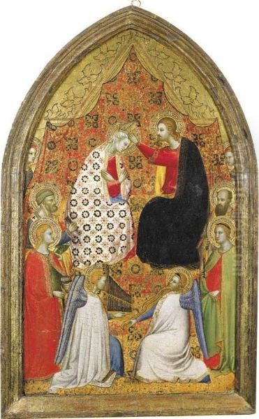 Cristo Incorona La Vergine Fra I Santi Pietro, Lucia, Apollonia, Paolo Apostolo, Due Angeli Musicanti E Due Angeli Sullo Sfondo Oil Painting by Master Of The Rinuccini Chapel