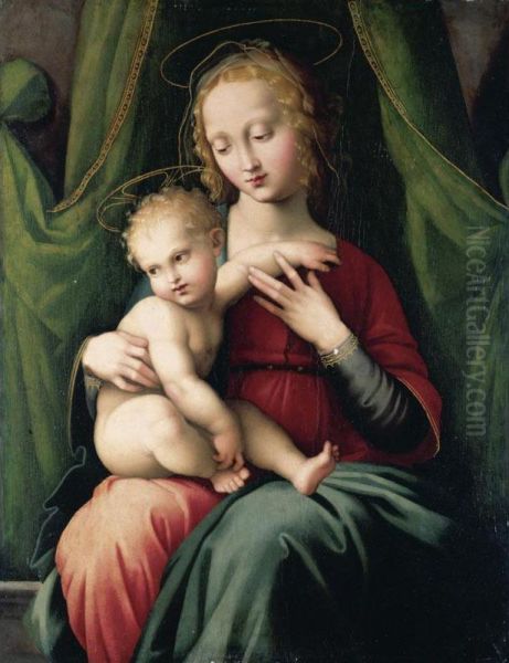 The Madonna And Child Seated Beneath A Green Draped Curtain Oil Painting by Master Of The Scandicci Lamentation