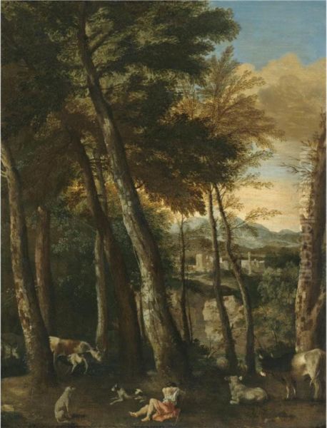 A Wooded Landscape With A Shepherd Resting Beside His Flock, A View Of The Roman Campagna Beyond Oil Painting by Master Of The Silver Crucifix