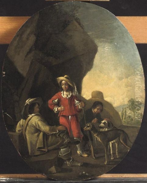 Three Figures Resting From The Hunt With Their Dogs Oil Painting by Master Of The Small Trades