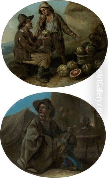 A Watermelon Vendor And A Young Boy; A Man Smoking Outside An Inn Oil Painting by Master Of The Small Trades