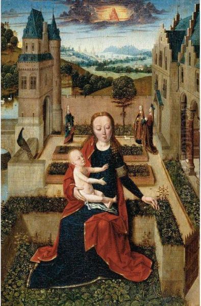 The Virgin Seated On A Low Wall Picking A Flower For The Christ Child, Saint Agnes, Saint Dorothea And Another Female Saint (possibly Saint Barbara) In A Enclosed Garden Beyond, An Extensive River Landscape With A City In The Distance Oil Painting by The Master Of The Tiburtine