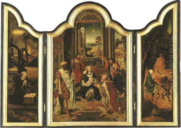 A Triptych: Central Panel: The Adoration Of The Magi Oil Painting by Master Of The Von Groote Adoration