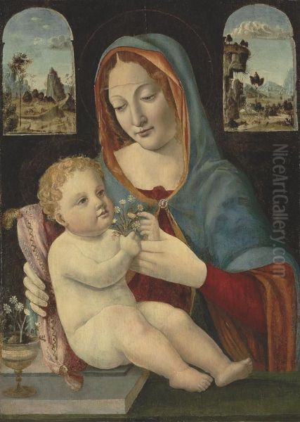 The Madonna And Child, A Landscape With The Flight Into Egypt Seenthrough A Window Beyond Oil Painting by Master Pala Sforzesca