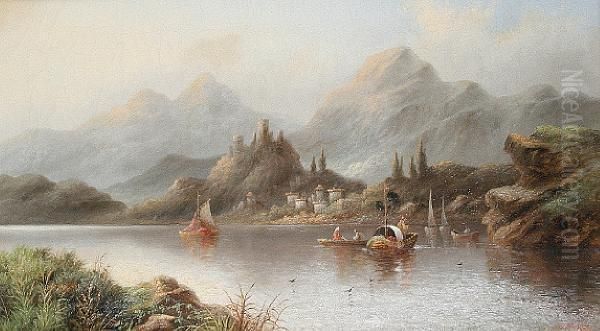 A Continental Lake Scene Oil Painting by Masters Edward